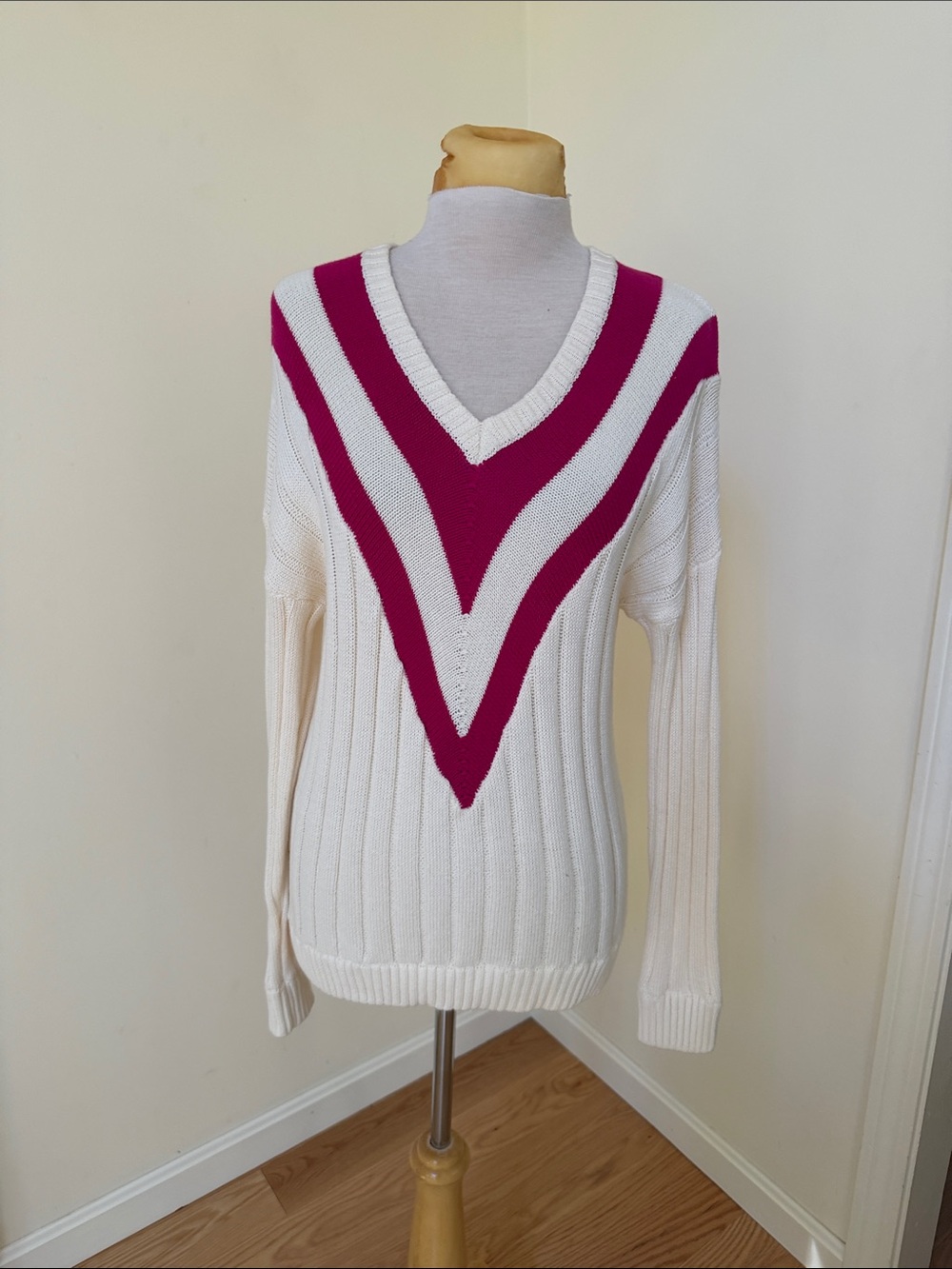 Bishop + Young small cream with pink knit varsity sweater .